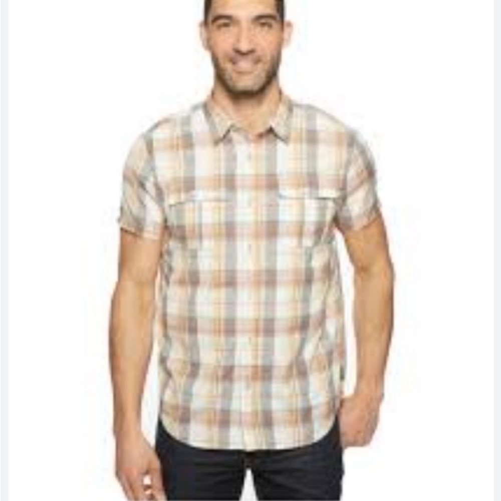 PrAna Mens Button Down‎ Ostend casual Shirt Plaid size large orange grey white